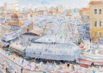Utsikt fra balkongen, Mahane Yehuda, Jerusalem, 2019 (w/c på papir) av Lucy Willis