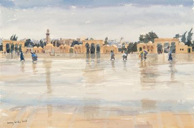 Vind og regn på Tempelhøyden, Jerusalem, 2019 (w/c på papir) av Lucy Willis