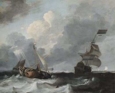 En storm utenfor kysten med menn o krig og fiskebåter av Ludolf Backhuysen