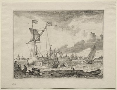 Utsikt over Amsterdam med skip i forgrunnen av Ludolf Backhuysen
