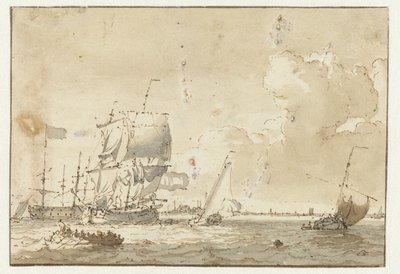 Skip på vannet for en by av Ludolf Bakhuysen