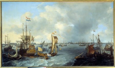 Utsikt over Amsterdams havn fra Ij-maleriet av Ludolf Backhuyzen (1631-1708) 1666 Søn. 1,28x2,21 m av Ludolf I Backhuyzen