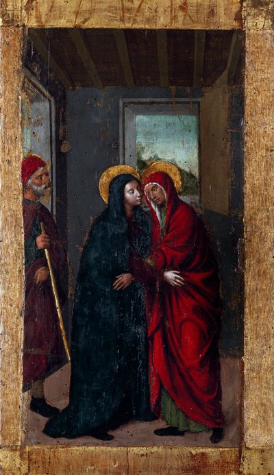 Jomfruens liv: "" Visitation"" Serien "" Mysteres of the Rosery"" Maleri på tre av Ludovico Brea (Louis Brea) (1450-1523) 1512-1513 Taggia, Museo del Convento di San Domenico Italia av Ludovico Brea