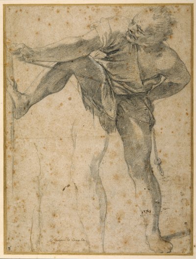 Mann som drar i et tau, venstre ben øvde en gang til (svart kritt på papir) av Ludovico Carracci