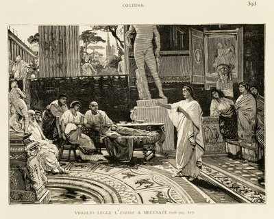 Maecenas lytter til Virgil som leser Aeneid, illustrasjon av Lodovico Pogliaghi (1857-1950) for Romas tidlige historie, av Francesco Bertolini (1836-1909), Fratelli Treves-utgaven, Milano av Ludovico Pogliaghi