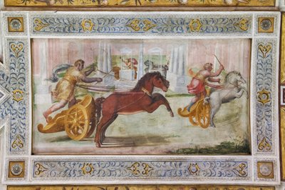 Race of the quadriga, detalj av taket i Hall of Games (fresco) av Ludovico Settevecchi