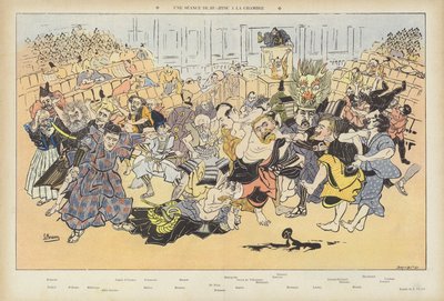 En økt med ju-jitsu i kammeret. Illustrasjon for Le Rire av Ludwig Braun