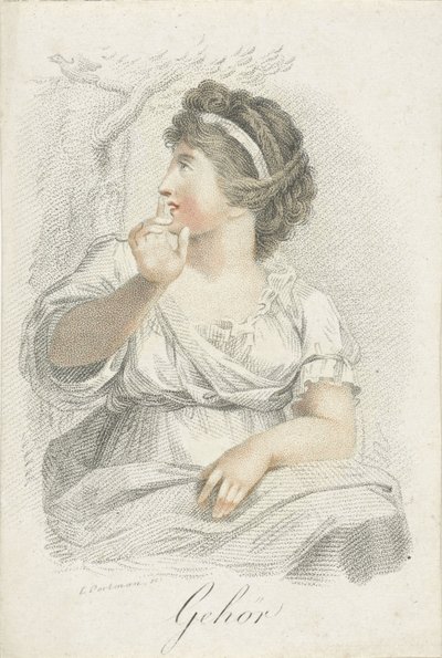 hørsel Høring (tittel på objekt) Fem sanser representert av kvinnelige figurer (serietittel) Die Funf Sinne (serietittel) av Ludwig Gottlieb Portman