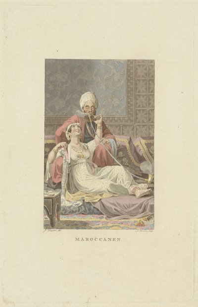 Marokkansk par i tehus Marokkanere (tittel på objekt) av Ludwig Gottlieb Portman