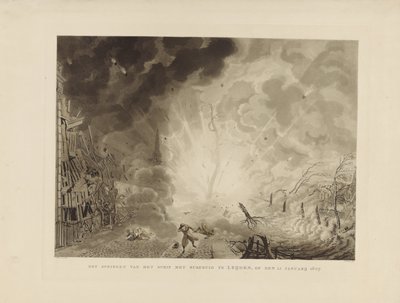 Katastrofen i Leiden, 1807 Hoppe skipet med krutt ved Leijden, 12. januar 1807 (tittel på objekt) av Ludwig Gottlieb Portman