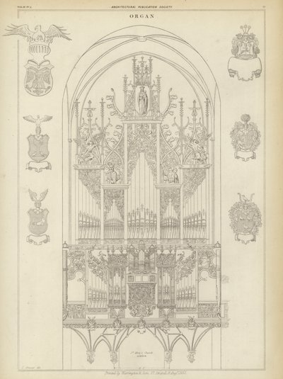 Orgel fra St Mary-kirken, Lubeck, Tyskland (gravering) av Ludwig Gruner