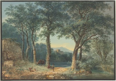 En skogkledd innsjø med en italiensk villa av Ludwig Hess