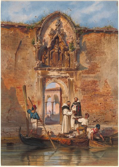 Munker som kjøper fisk før portalen til Madonna della Misericordia av Ludwig Johann Passini