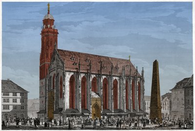 Mariakapellet i Würzburg, foran Marche-plassen og Obelisken, Tyskland. ca 1850 (gravering) av Ludwig Lange