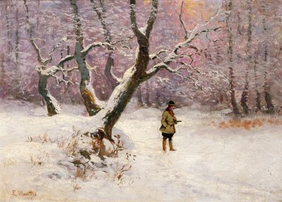Vinterlandskap med jegere (olje på lerret) av Ludwig Munthe