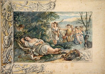 Sovende Diana med ledsagere (akvarell over grafitt på papir) av Ludwig Sigismund Ruhl