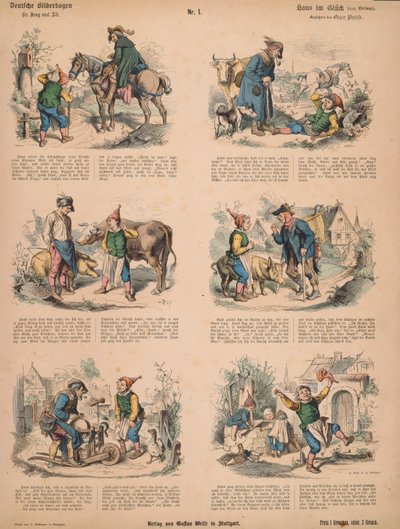 Hans i lykken (etter brødrene Grimm), nr.213 fra Muenchener Bilderbogen utgitt av Braun & Schneider, München, 1880 av Ludwig Voltz