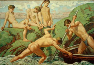 Nakne båtmenn (fiskere) og gutter på den grønne fjæra av Ludwig von Hofmann