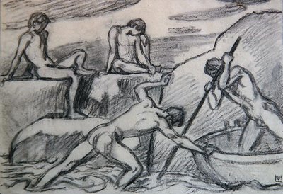 Naken båtsmann og ungdommer på en grønn kyst (grafitt på papir) av Ludwig von Hofmann