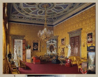 Lyons-hallen (den gule tegnehallen) i det store palasset i Tsarkoye Selo (Russland). Verk av Luigi Premazzi (1814-1891), akvarell på papir av Luigi Premazzi