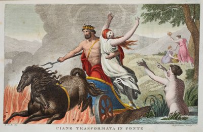 Cyane and the Rape of Proserpina eller Ciane Transformata i Fonte, Bok V, illustrasjon fra Ovids Metamorphoses, Firenze, 1832 (håndfarget gravering) av Luigi Ademollo