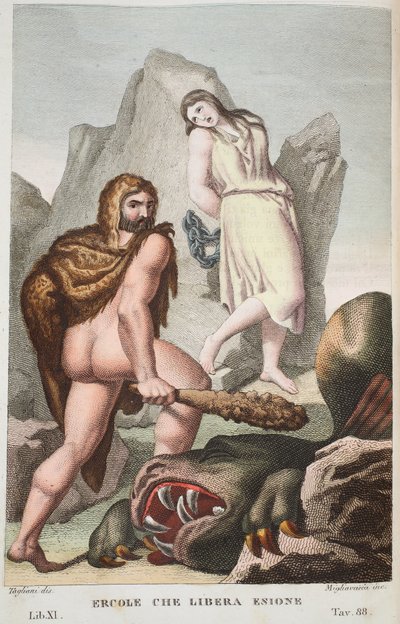 Hercules redder Hesione eller Ercole che Libera Enione, bok XI, illustrasjon fra Ovids Metamorphoses, Firenze, 1832 (håndfarget gravering) av Luigi Ademollo