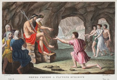 Orpheus in Hell eller Orfeo Chiede a Plutone Euridice, Bok X, illustrasjon fra Ovids Metamorphoses, Firenze, 1832 (håndfarget gravering) av Luigi Ademollo