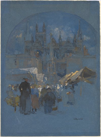 Et markedstorg foran en katedral av Luigi Aloys François Joseph Loir