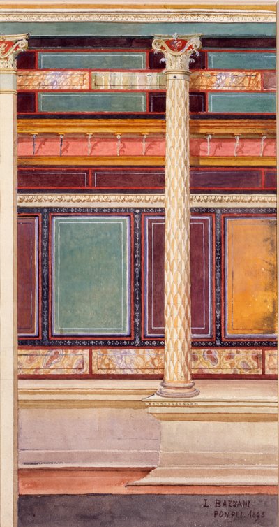 Freskomaleri i arkitektonisk stil i cubiculum, House of the Silver Wedding, Pompeii, 1897 av Luigi Bazzani