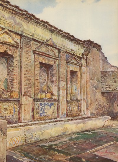 Pompeii: Casa del Torello, arkitektonisk utsikt over Nymphaeum (fargelitografi) av Luigi Bazzani
