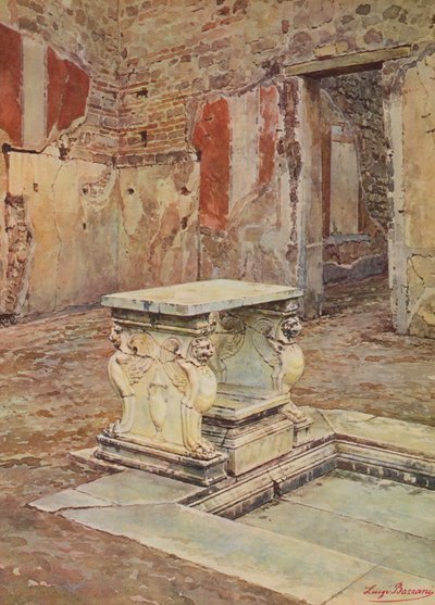 Pompeii: Hengende balkonggate, hus med impluvium og marmormensa (fargelitografi) av Luigi Bazzani