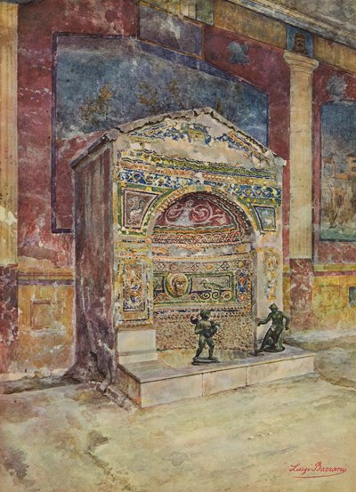 Pompeii: Den lille fontenens hus, mosaikkfontene (fargelitografi) av Luigi Bazzani