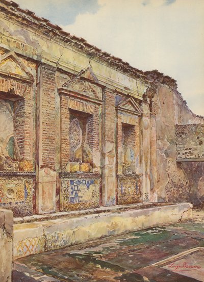 Pompeii: Den lille fontenens hus, mosaikkfontene (fargelitografi) av Luigi Bazzani