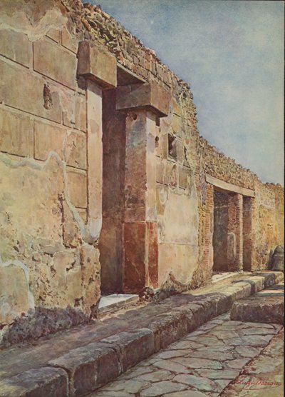 Pompeii: Via degli Augustali, inngang til et patrisisk hus (farge litho) av Luigi Bazzani