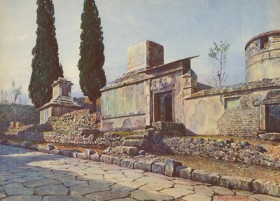 Pompeii: Via dei Sepolcri, graver og sypresser (farge litho) av Luigi Bazzani