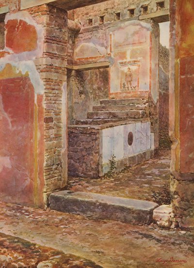 Pompeii: Vicolo del Gallo, Thermopolion og Caupona (farge litho) av Luigi Bazzani