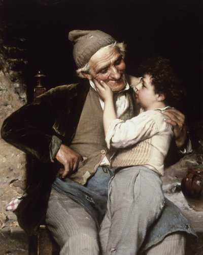 Det perfekte barnebarnet (Il Nipotino Preterito). Et barn berører bestefarens ansikt, som smiler og ser ømt på ham. Maleri av Luigi Bechi (1830–1919). Olje på lerret. Privat samling. av Luigi Bechi
