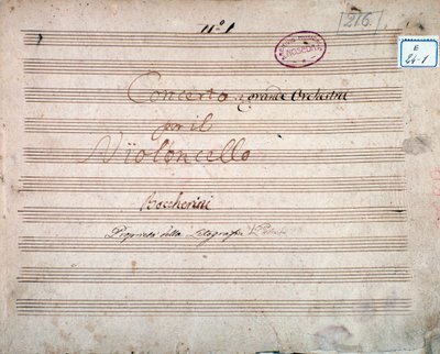 Første side signert av forfatteren av partituret til Concerto for cello og orkester i E flat, av Luigi Boccherini av Luigi Boccherini