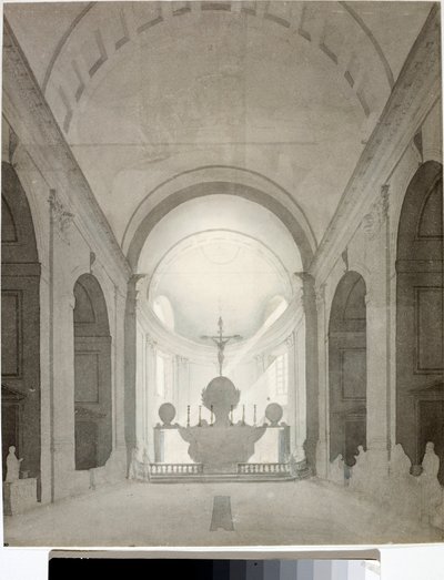 Innvendig utsikt over en kirke (Tegning og akvarell, ca 1825) av Luigi Garibbo