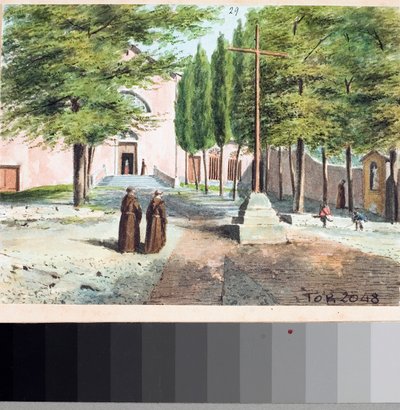Utsikt over Capuchin-kirken, Genova (Tegning og akvarell, ca 1825) av Luigi Garibbo