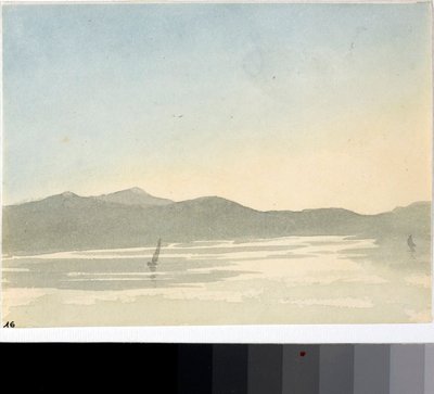 Utsikt over en innsjø ved daggry (Akvarell, ca. 1825) av Luigi Garibbo