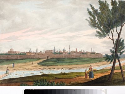 Utsikt over en by med murer, sannsynligvis Lucca i Toscana (blekk og akvarell, ca 1820) av Luigi Garibbo