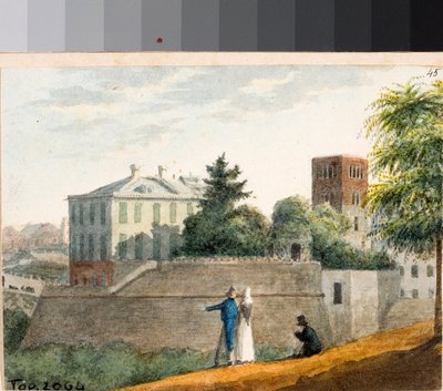 Utsikt over bastioner og Santo Stefano klokketårn, Genova (akvarell, ca 1825) av Luigi Garibbo