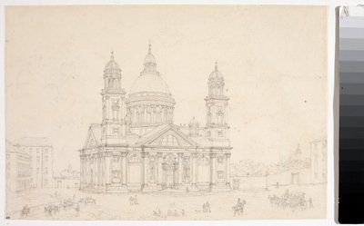 Utsikt over basilikaen Santa Maria Assunta di Carignano i Genova (Tegning av Luigi Garibbo