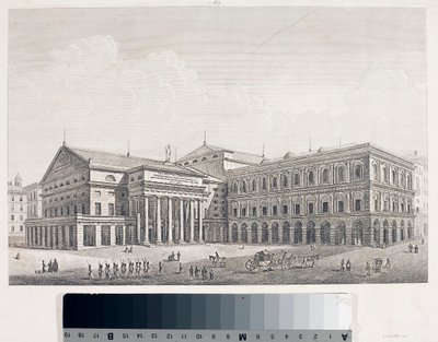 Utsikt over Carlo Felice Theatre og Palace of the Accademia i Genova (Etching av Luigi Garibbo