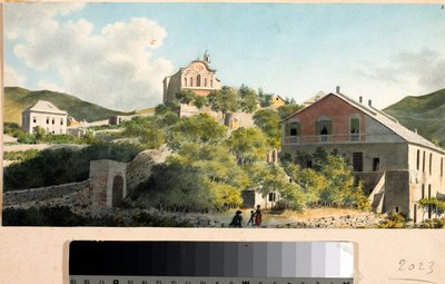 Utsikt over bakken og kirken Oregina, Genova (akvarell, ca. 1825) av Luigi Garibbo