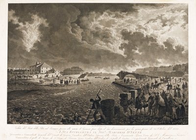 Utsikt over broen Pila i Genova, etter flommen i Bisagno-floden 26.10.1822 (Etsing, ca. 1822) av Luigi Garibbo