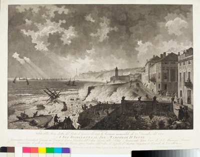 Utsikt over havnen i Genova under stormen den 25.12.1821 (gravering, ca. 1821) av Luigi Garibbo