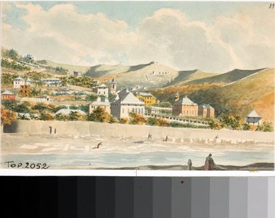 Utsikt over Marassi-høyden med klokketårnet til Santa margherita-kirken nær Genova (Akvarell, ca 1825) av Luigi Garibbo