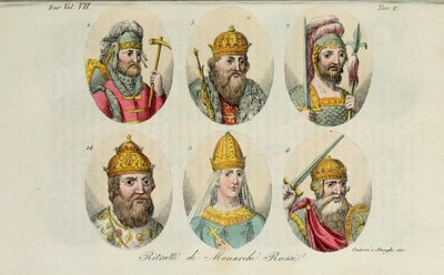 1. Rurik 2. Igor av Kiev 3. Olga 4. Sviatoslav 5. Vladimir den store 14. Ivan IV fra The ancient costume av Giulio Ferrario, 1831 av Luigi Giarrè